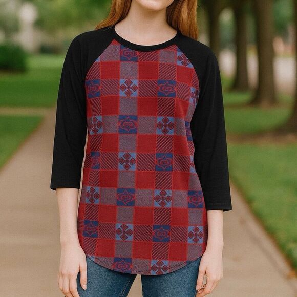 LuLaRoe Randy Raglan Baseball Tee XS – Red Blue Black Checkered - Picture 2 of 3